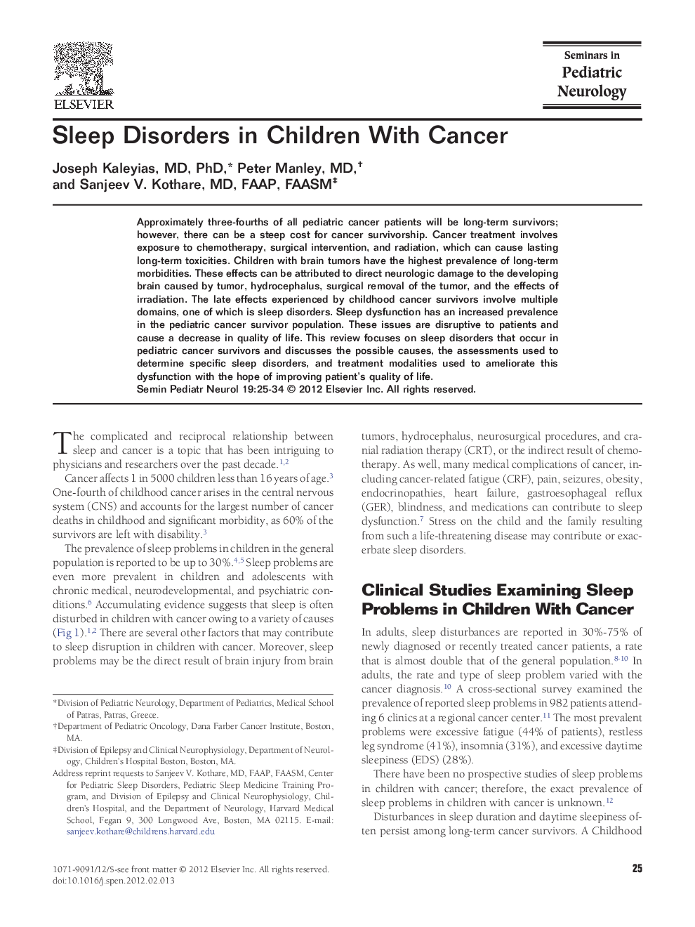 Sleep Disorders in Children With Cancer