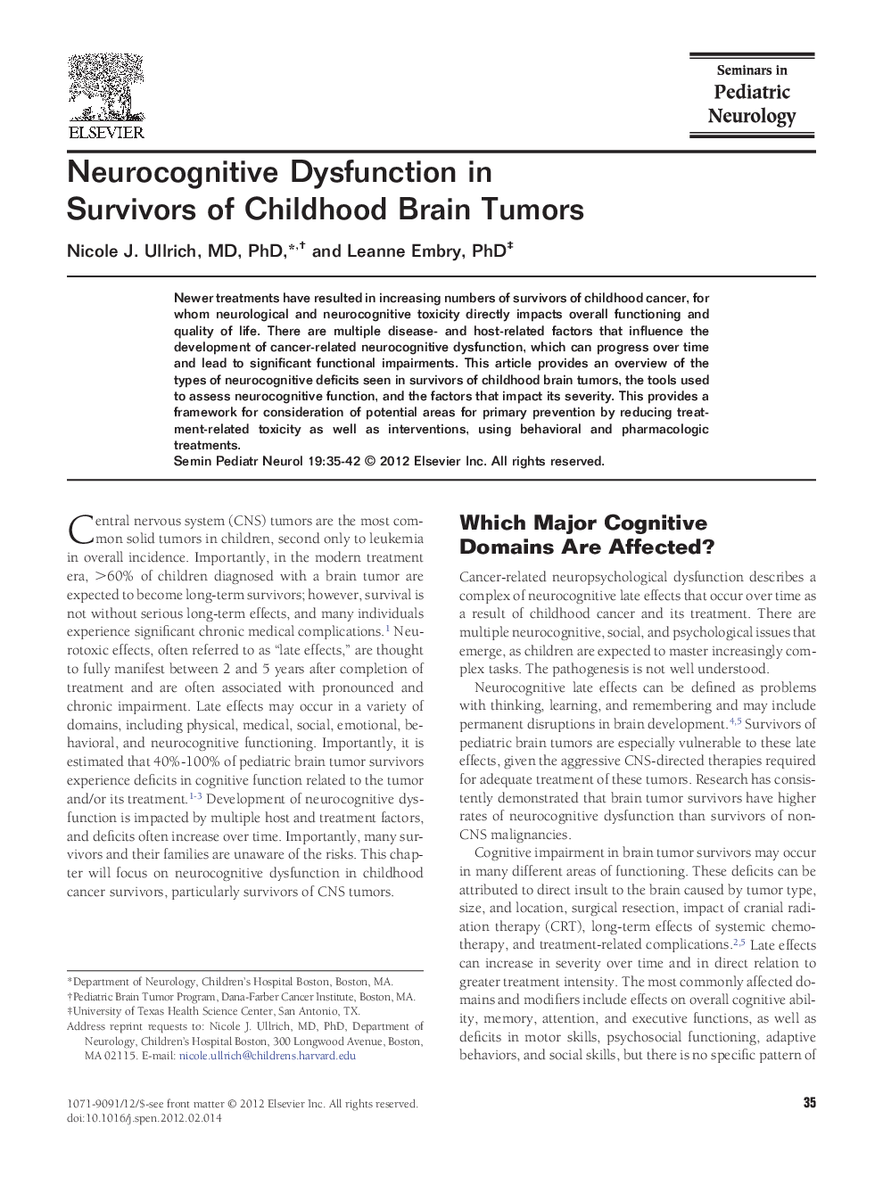 عکس صفحه اول مقاله: Neurocognitive Dysfunction in Survivors of Childhood Brain Tumors Neurocognitive Dysfunction in Survivors of Childhood Brain Tumors