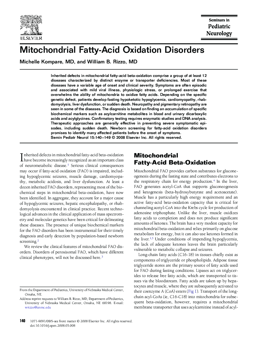 Mitochondrial Fatty-Acid Oxidation Disorders