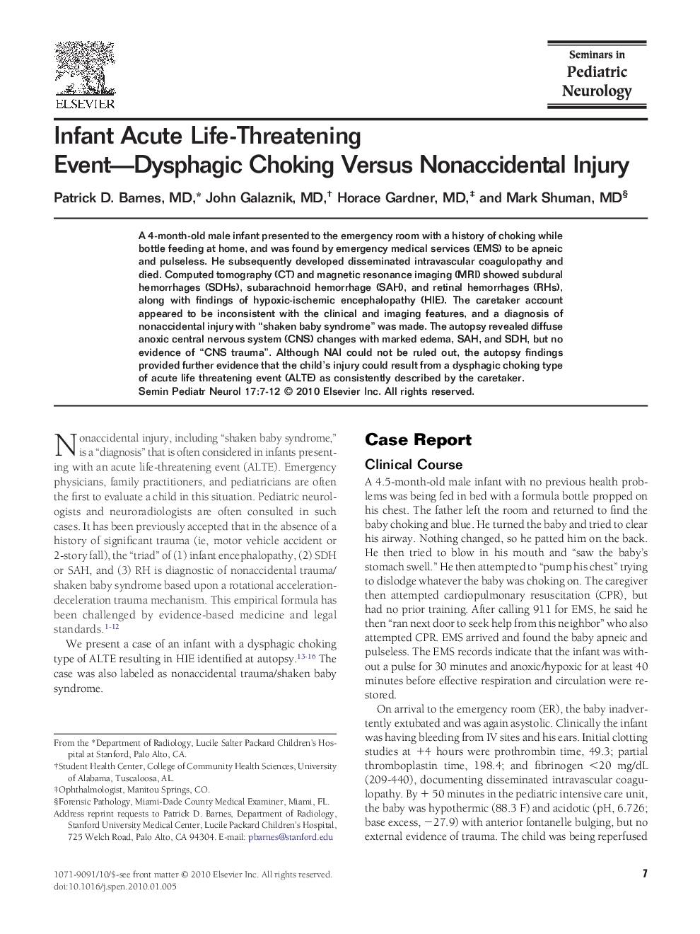 Infant Acute Life-Threatening Event-Dysphagic Choking Versus Nonaccidental Injury