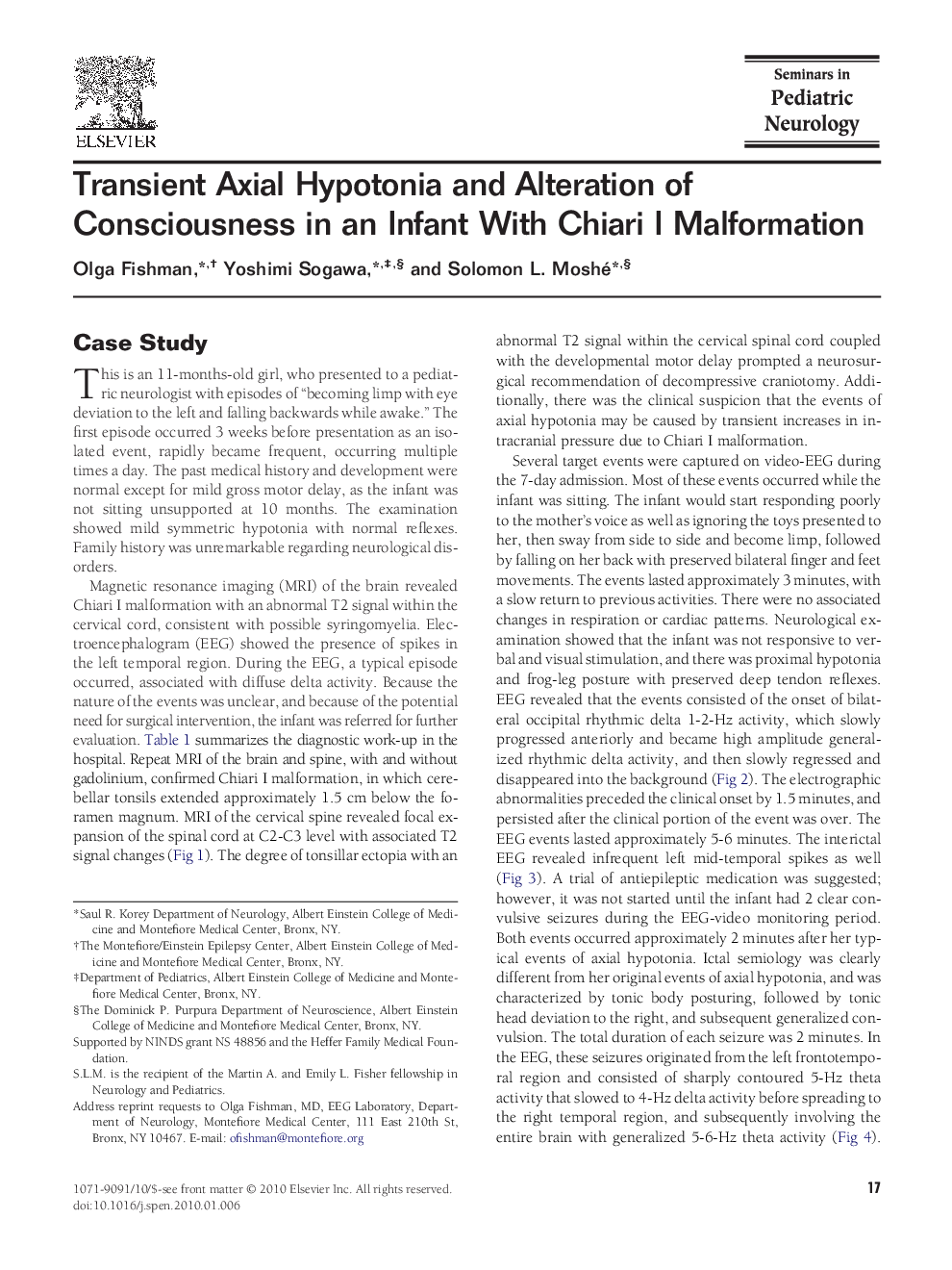 Transient Axial Hypotonia and Alteration of Consciousness in an Infant With Chiari I Malformation