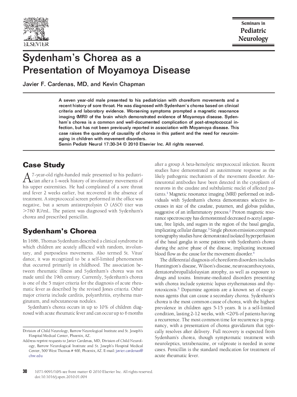 Sydenham's Chorea as a Presentation of Moyamoya Disease