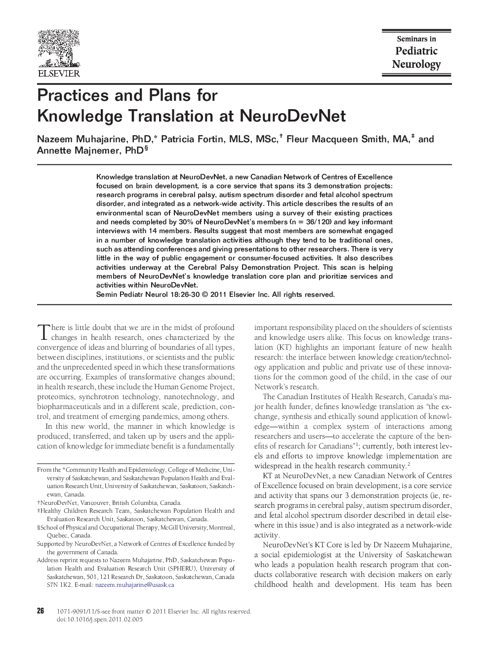 Practices and Plans for Knowledge Translation at NeuroDevNet