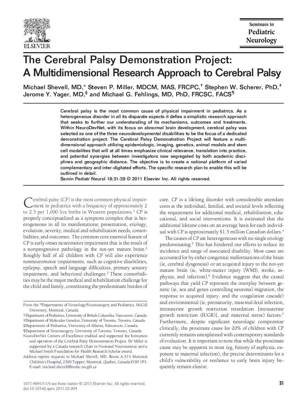 The Cerebral Palsy Demonstration Project: A Multidimensional Research Approach to Cerebral Palsy 
