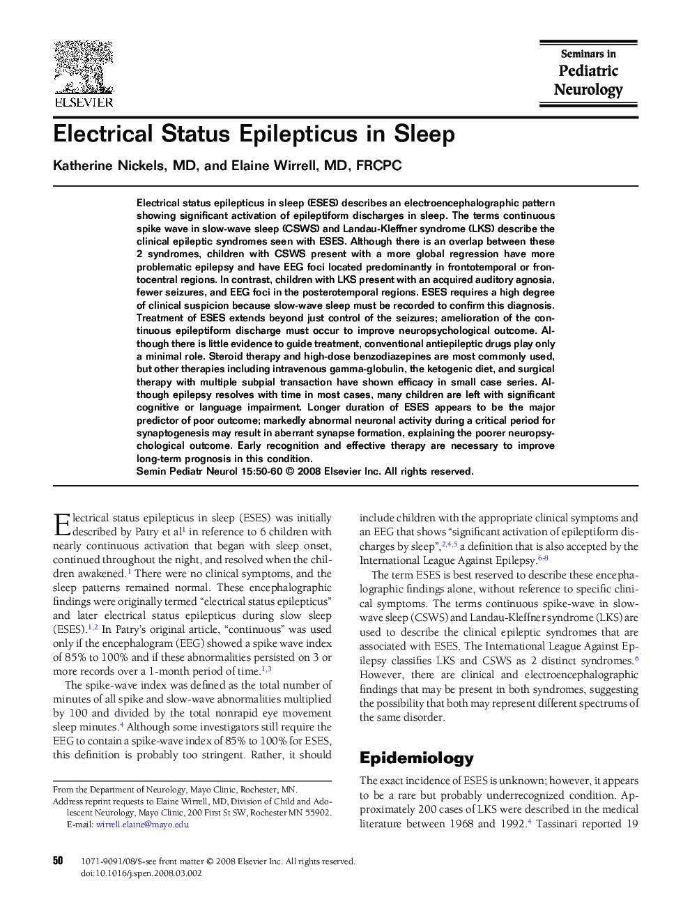 Electrical Status Epilepticus in Sleep