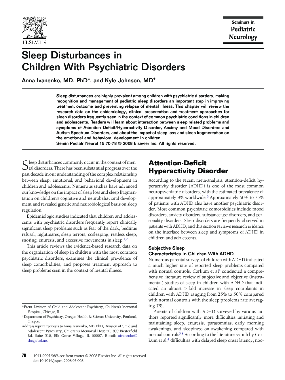 Sleep Disturbances in Children With Psychiatric Disorders