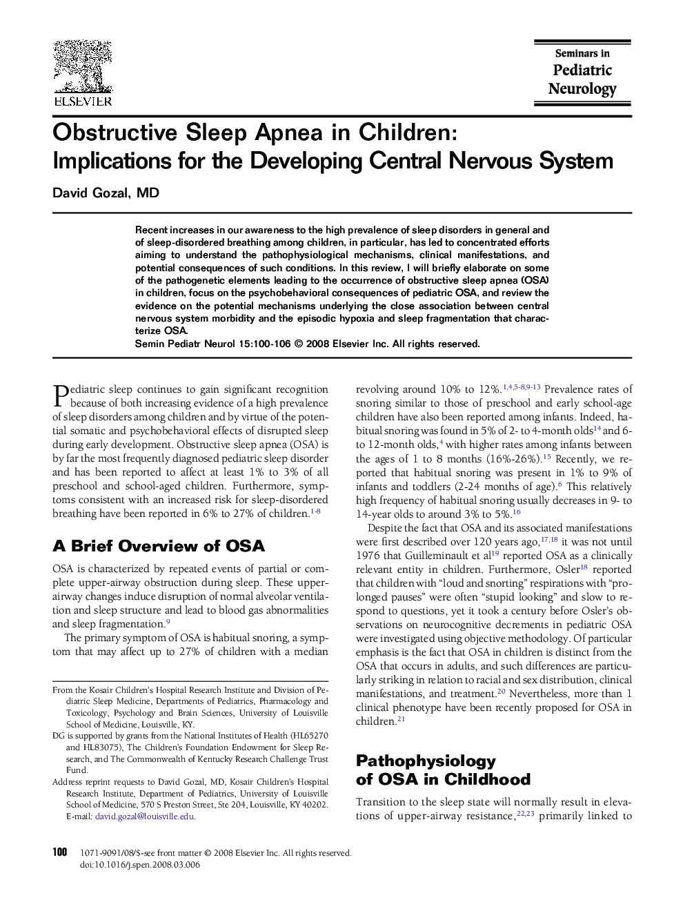 Obstructive Sleep Apnea in Children: Implications for the Developing Central Nervous System 