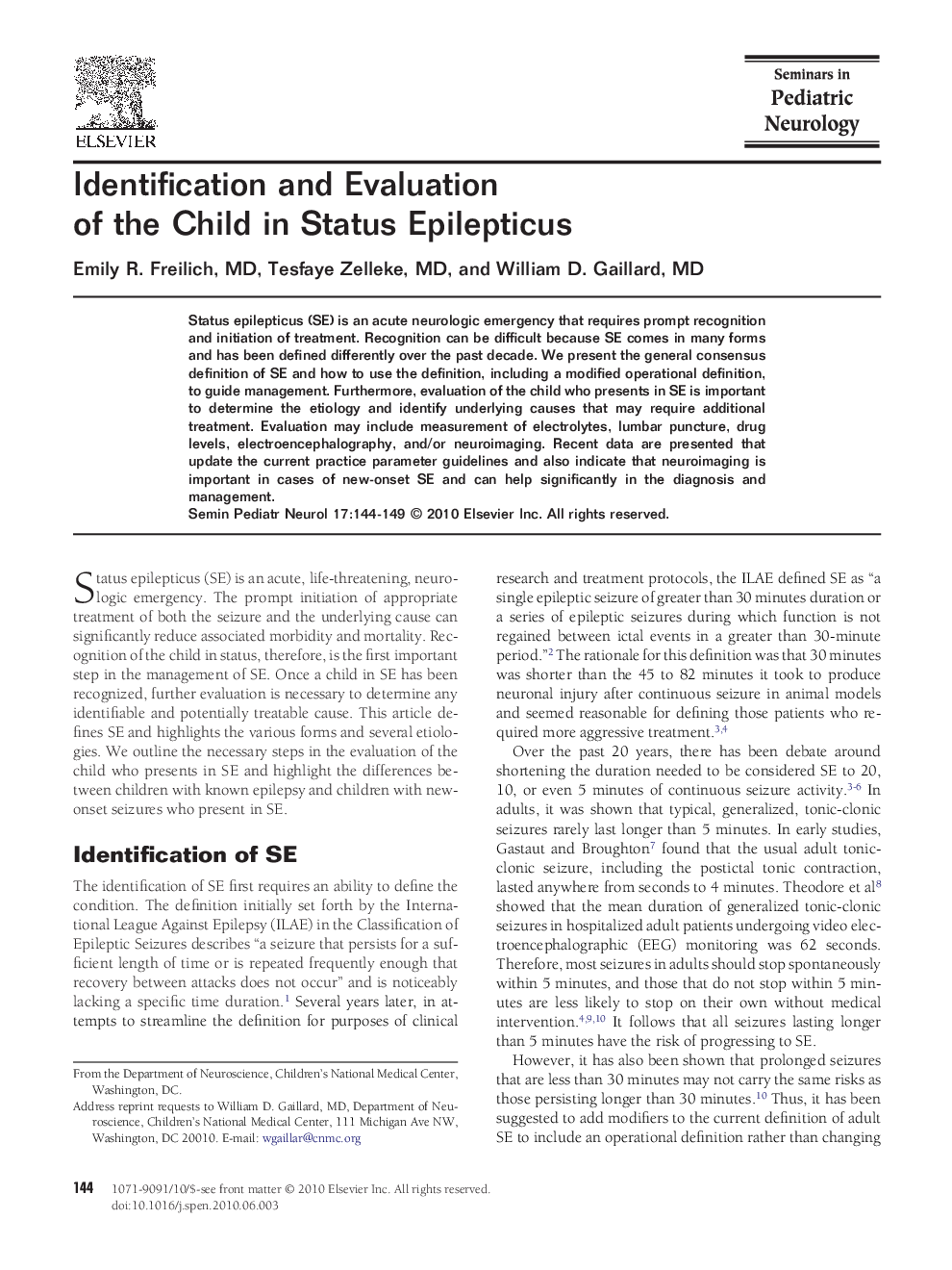 Identification and Evaluation of the Child in Status Epilepticus