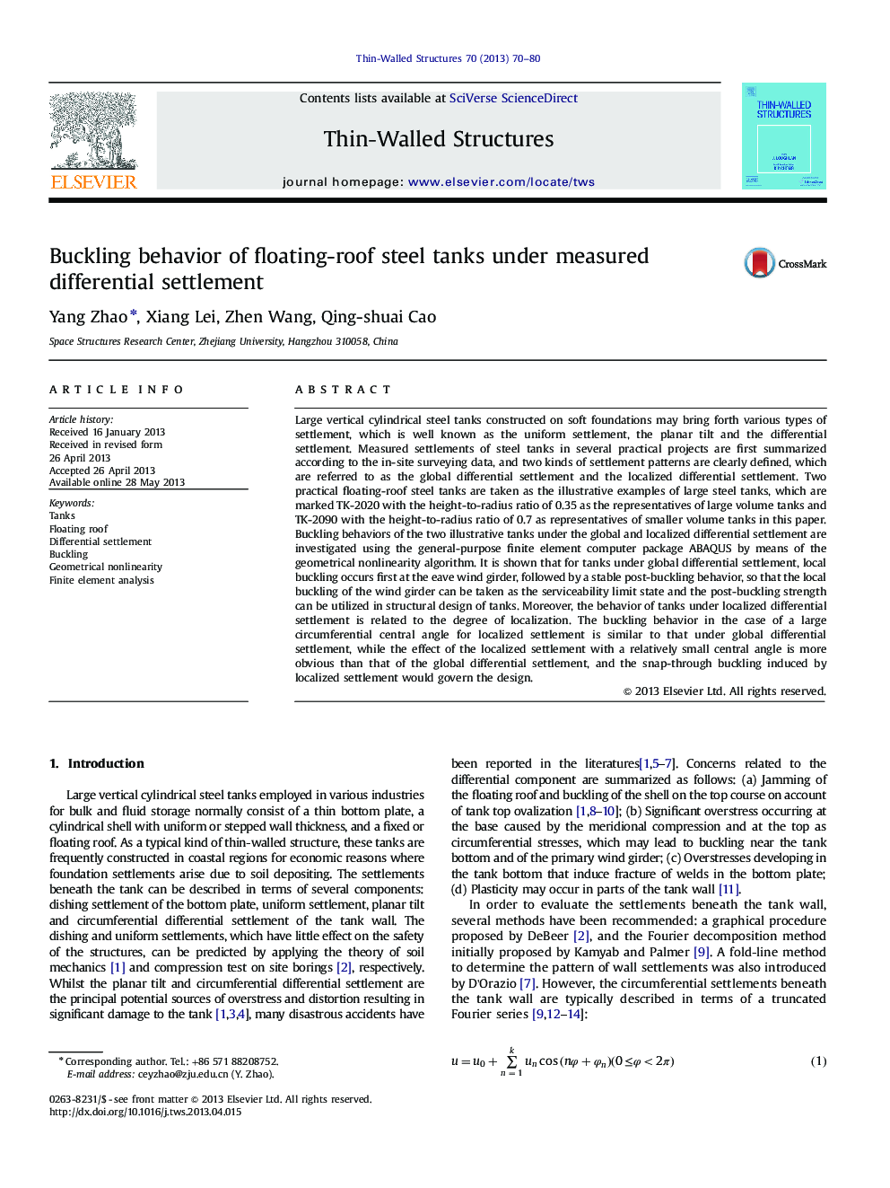 Buckling behavior of floating-roof steel tanks under measured differential settlement