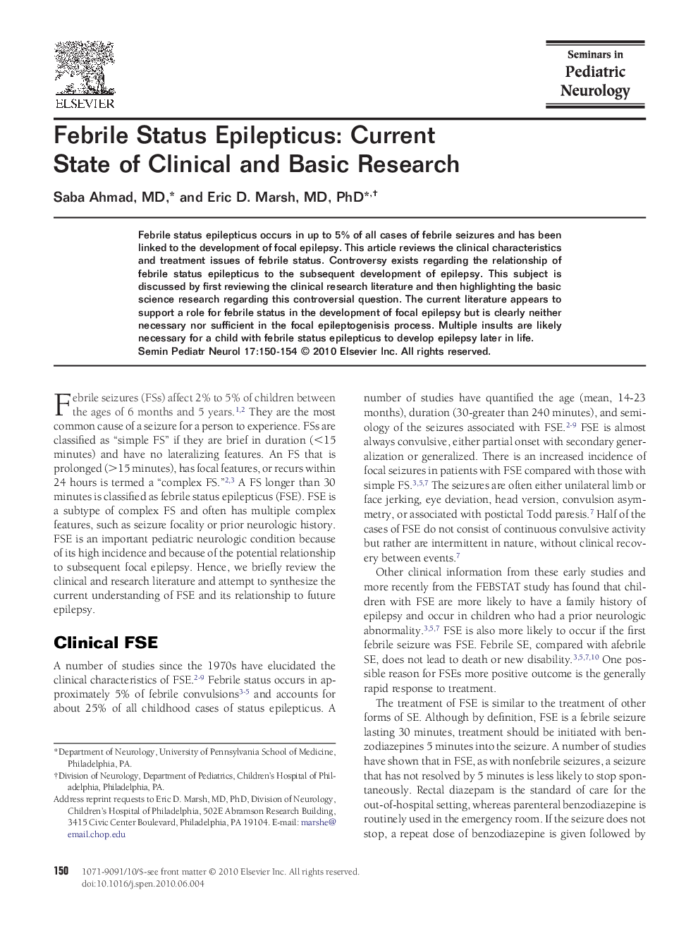 عکس صفحه اول مقاله: Febrile Status Epilepticus: Current State of Clinical and Basic Research Febrile Status Epilepticus: Current State of Clinical and Basic Research