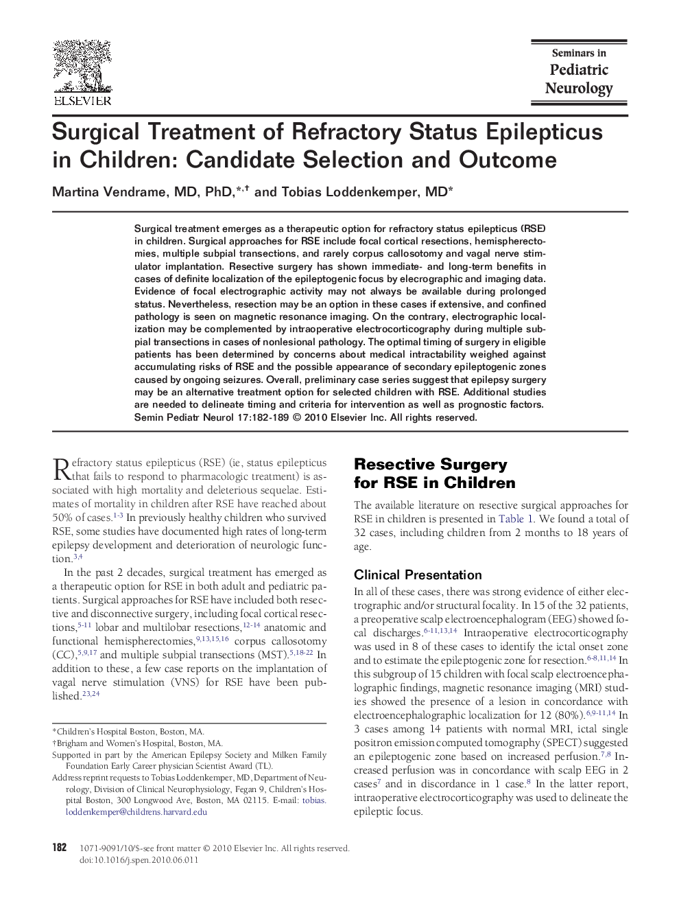 Surgical Treatment of Refractory Status Epilepticus in Children: Candidate Selection and Outcome 