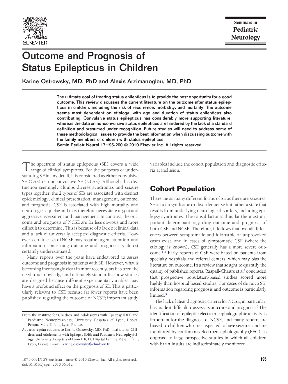 Outcome and Prognosis of Status Epilepticus in Children