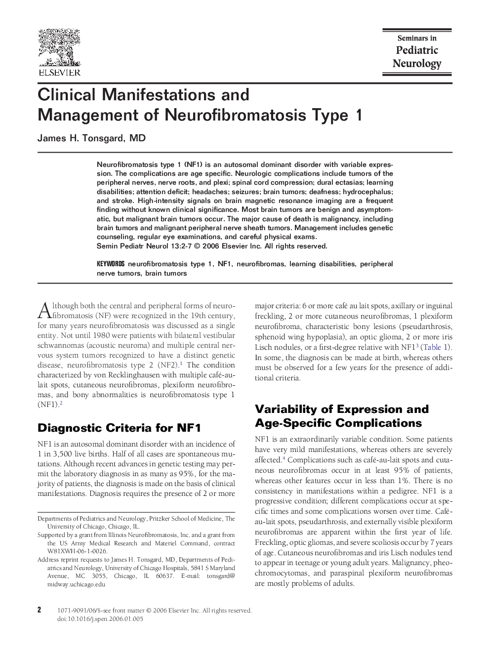 Clinical Manifestations and Management of Neurofibromatosis Type 1 