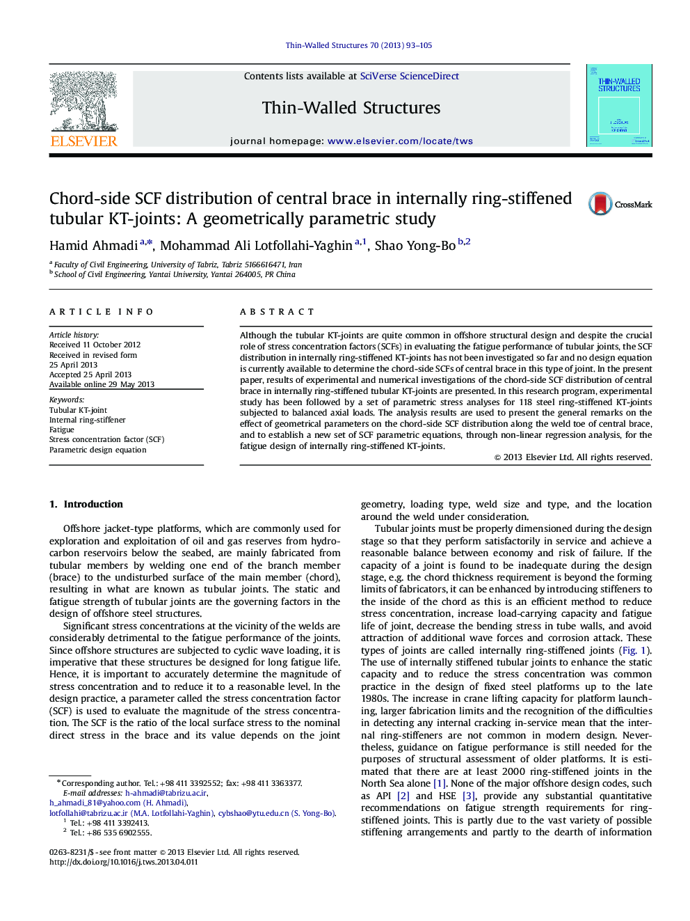 Chord-side SCF distribution of central brace in internally ring-stiffened tubular KT-joints: A geometrically parametric study