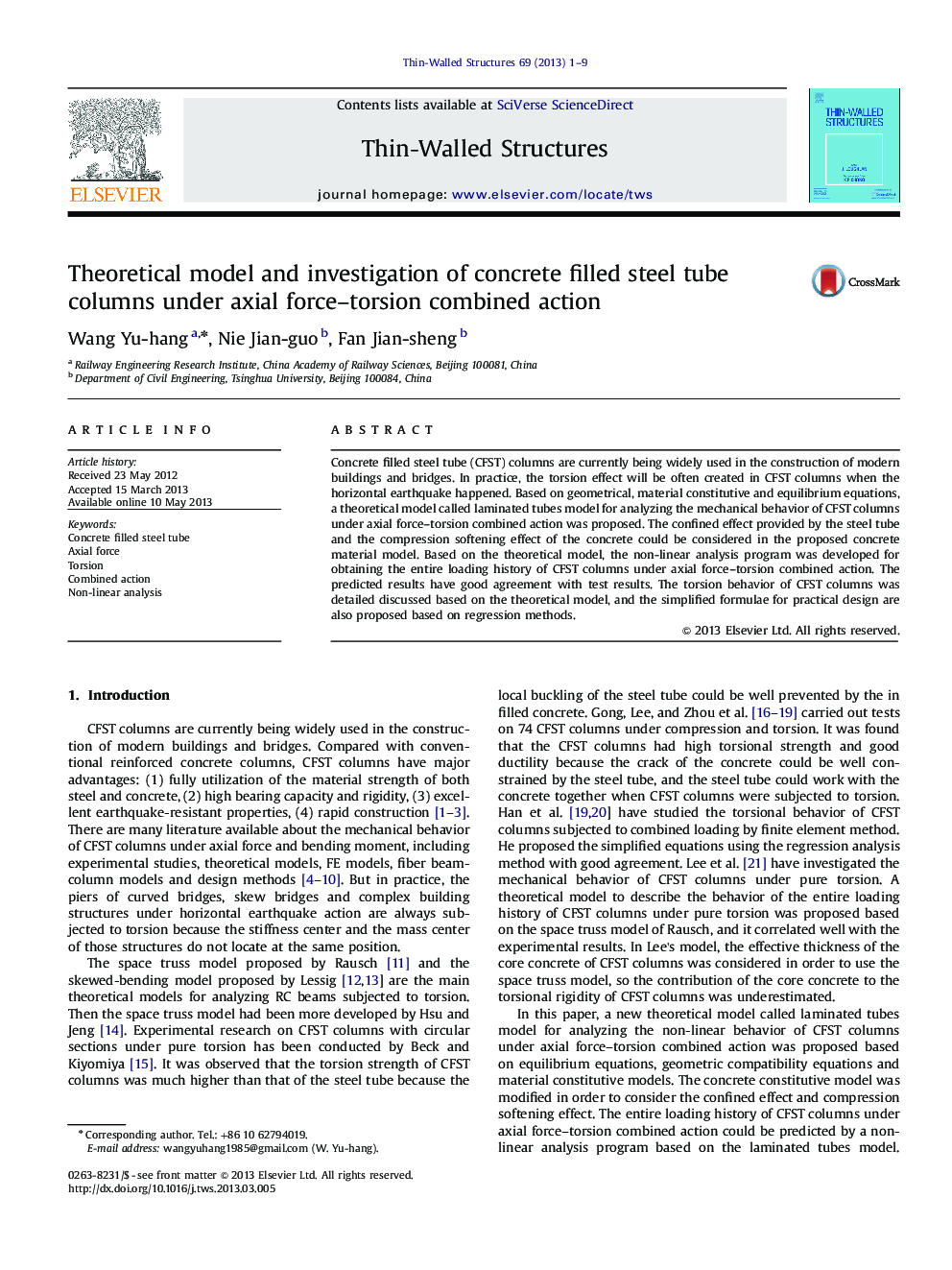 Theoretical model and investigation of concrete filled steel tube columns under axial force–torsion combined action