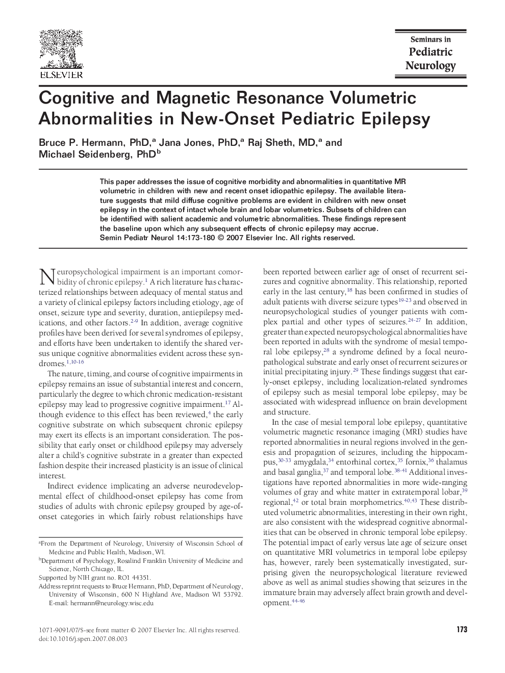 Cognitive and Magnetic Resonance Volumetric Abnormalities in New-Onset Pediatric Epilepsy 