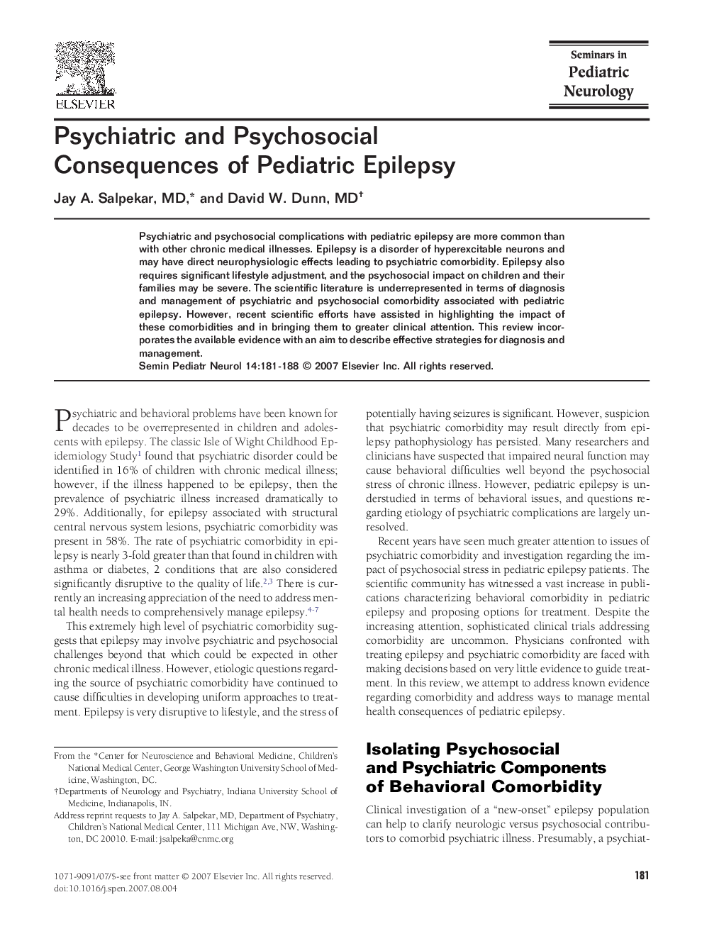 Psychiatric and Psychosocial Consequences of Pediatric Epilepsy