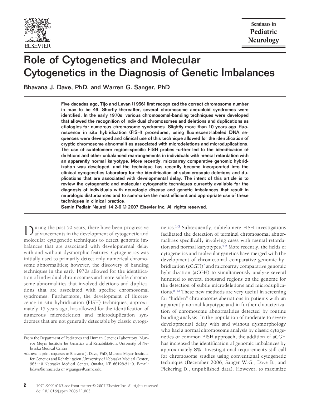 Role of Cytogenetics and Molecular Cytogenetics in the Diagnosis of Genetic Imbalances