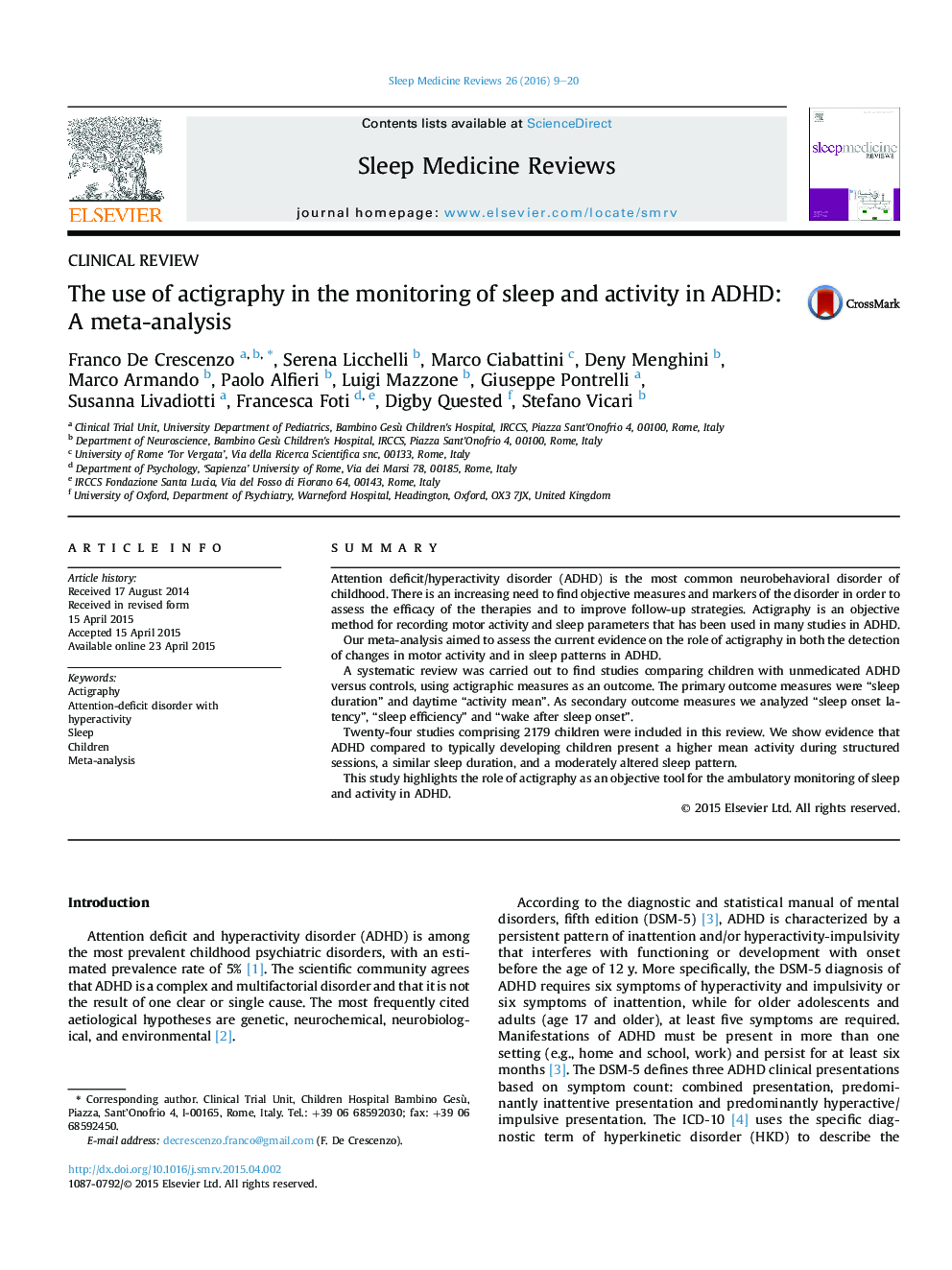 The use of actigraphy in the monitoring of sleep and activity in ADHD: A meta-analysis