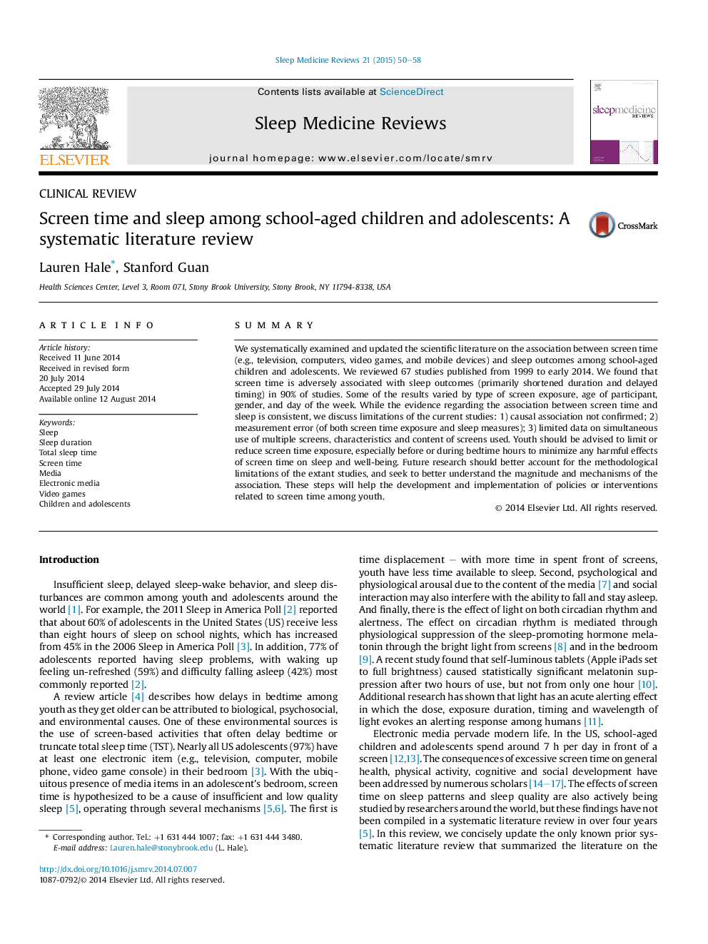 Screen time and sleep among school-aged children and adolescents: A systematic literature review