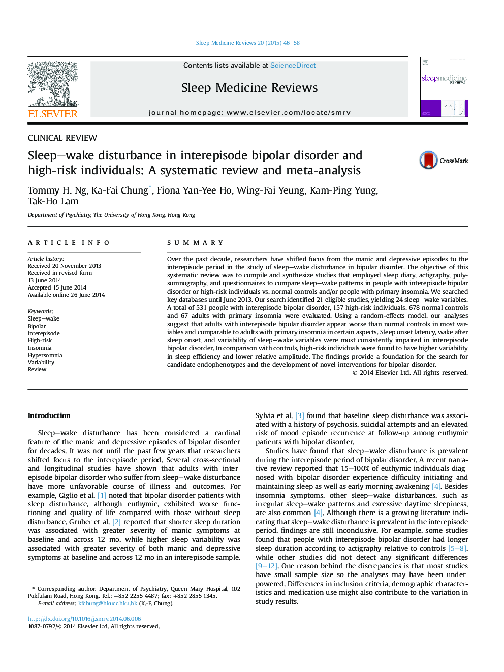 Sleep–wake disturbance in interepisode bipolar disorder and high-risk individuals: A systematic review and meta-analysis