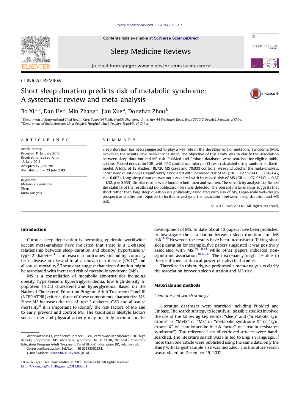 Short sleep duration predicts risk of metabolic syndrome: A systematic review and meta-analysis