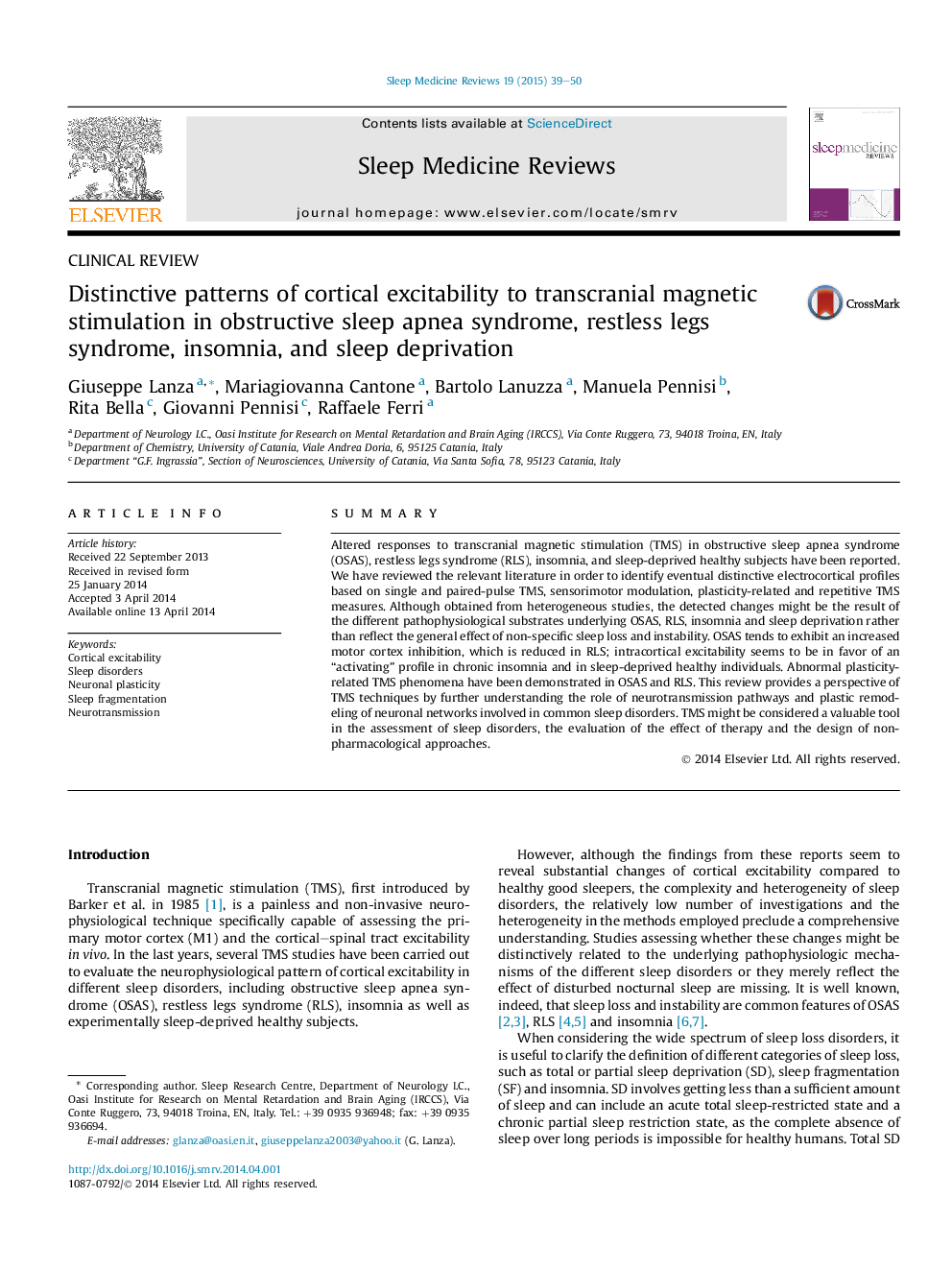 Distinctive patterns of cortical excitability to transcranial magnetic stimulation in obstructive sleep apnea syndrome, restless legs syndrome, insomnia, and sleep deprivation