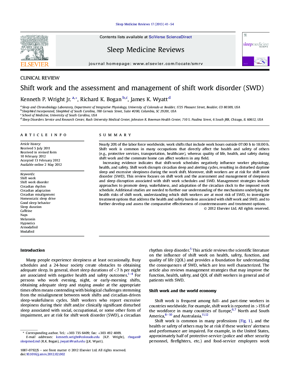 Shift work and the assessment and management of shift work disorder (SWD)