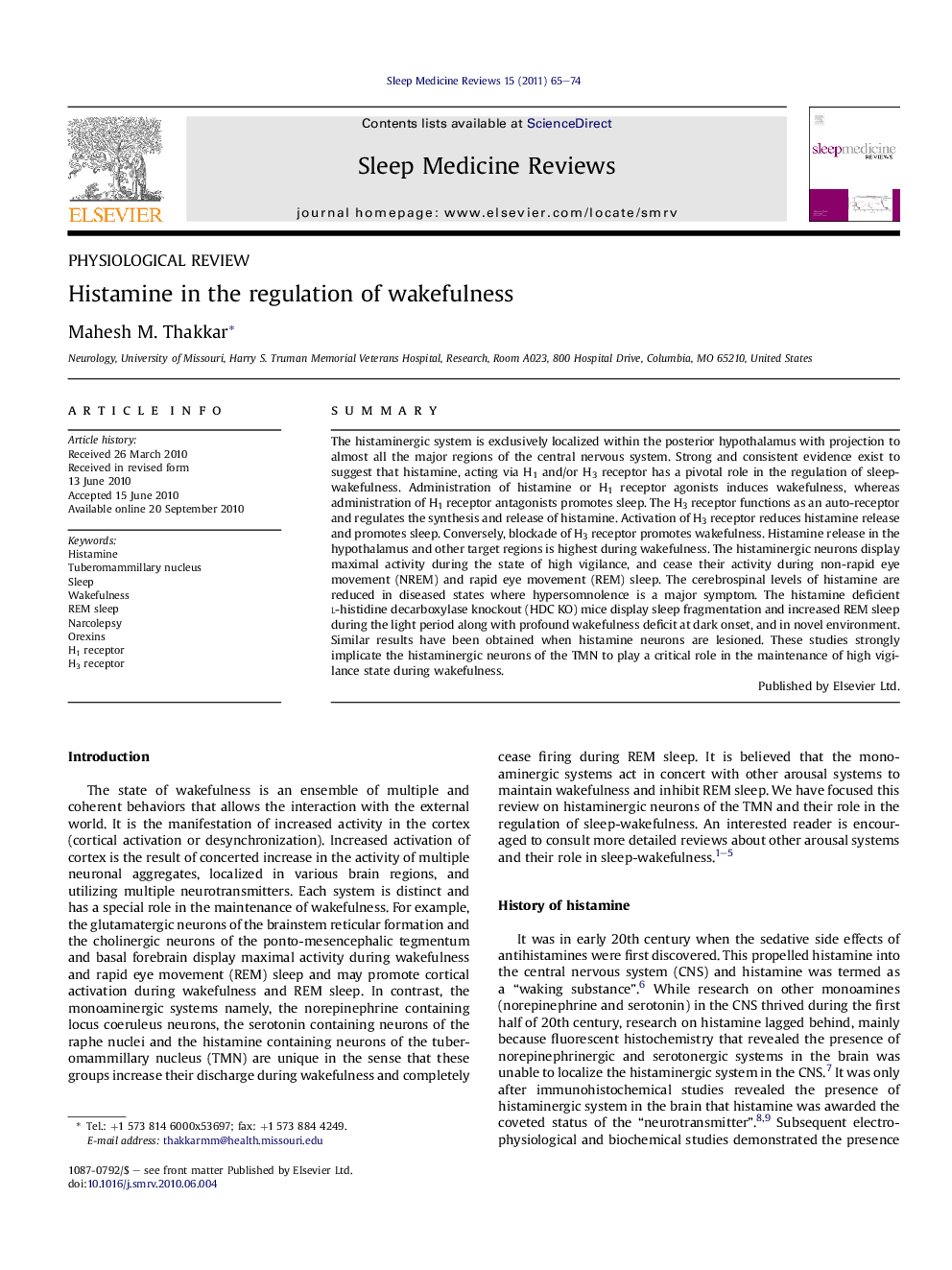 Histamine in the regulation of wakefulness