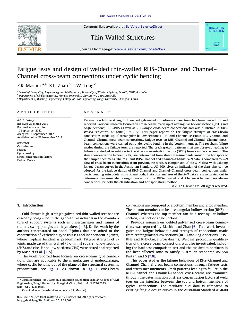 Fatigue tests and design of welded thin-walled RHS–Channel and Channel–Channel cross-beam connections under cyclic bending