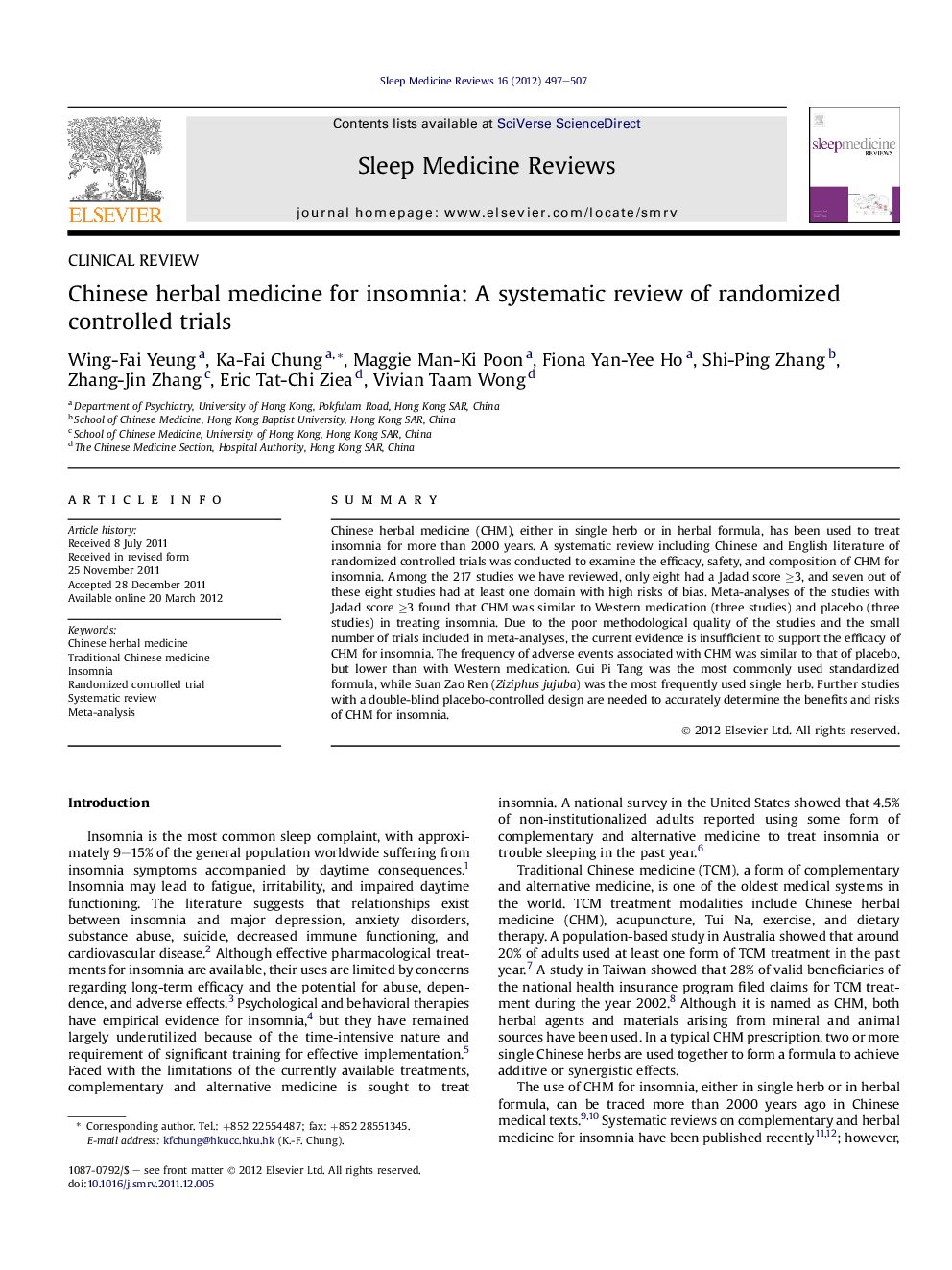 Chinese herbal medicine for insomnia: A systematic review of randomized controlled trials