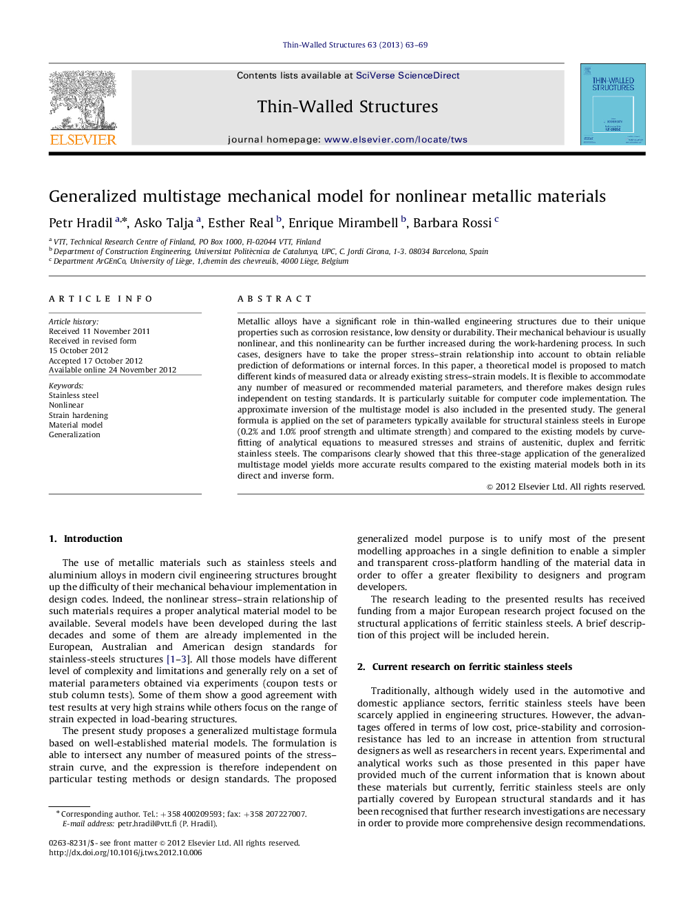 Generalized multistage mechanical model for nonlinear metallic materials