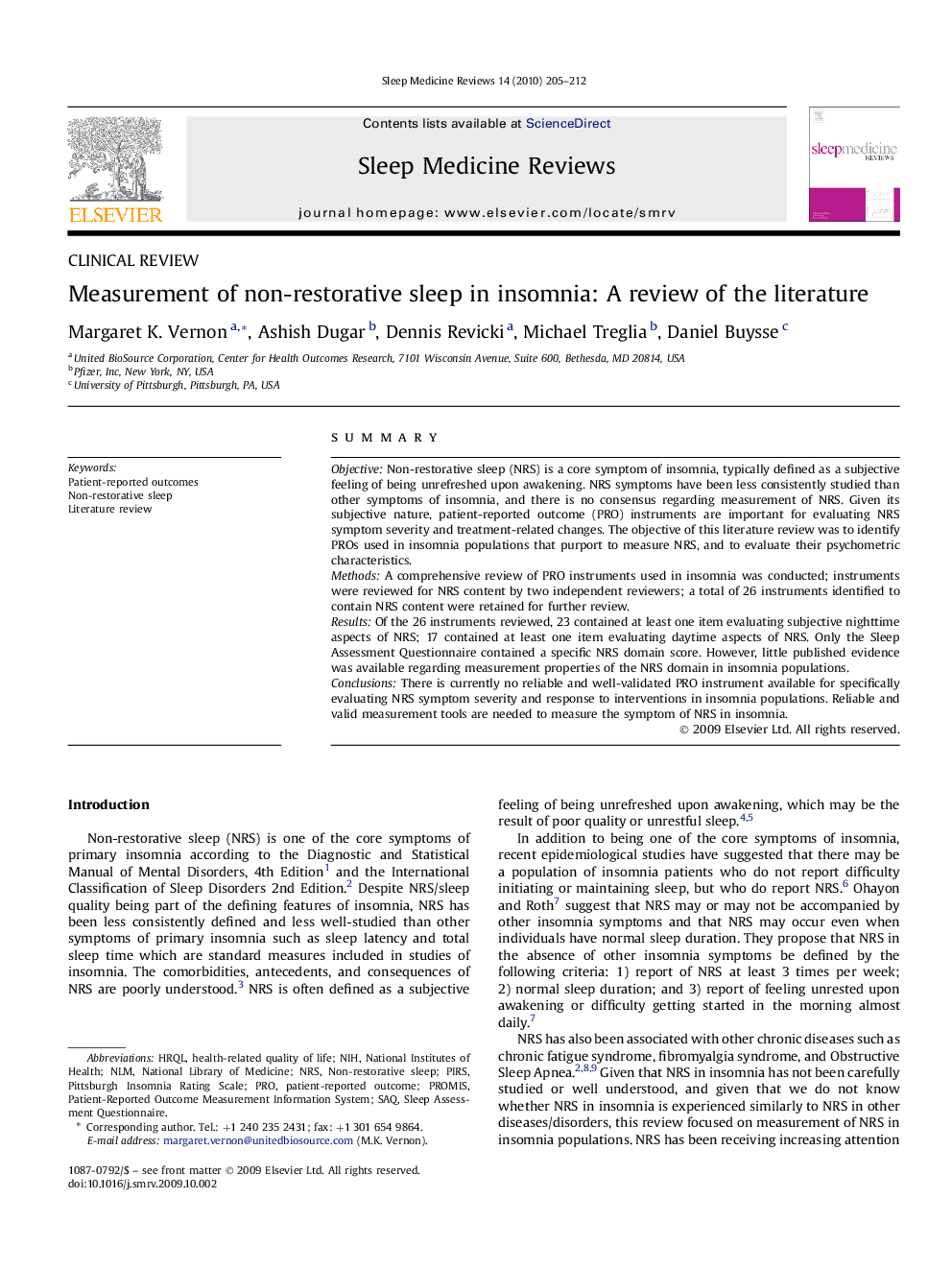 Measurement of non-restorative sleep in insomnia: A review of the literature