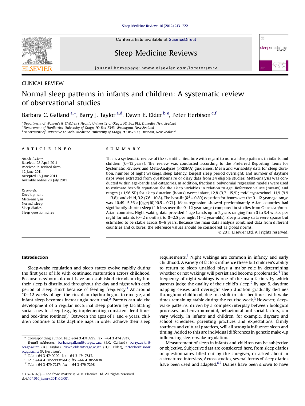 Normal sleep patterns in infants and children: A systematic review of observational studies