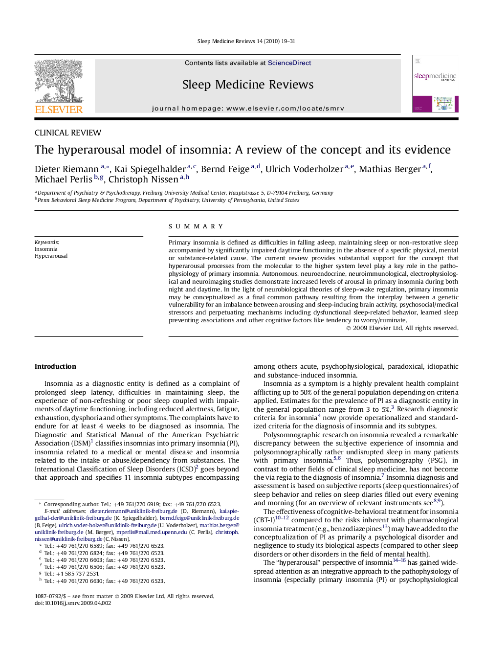 The hyperarousal model of insomnia: A review of the concept and its evidence