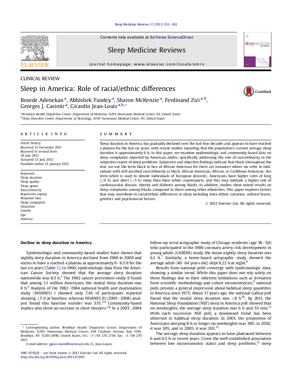 Sleep in America: Role of racial/ethnic differences