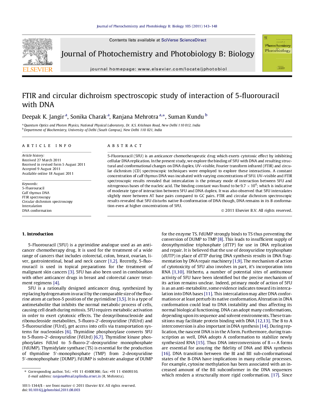 FTIR and circular dichroism spectroscopic study of interaction of 5-fluorouracil with DNA