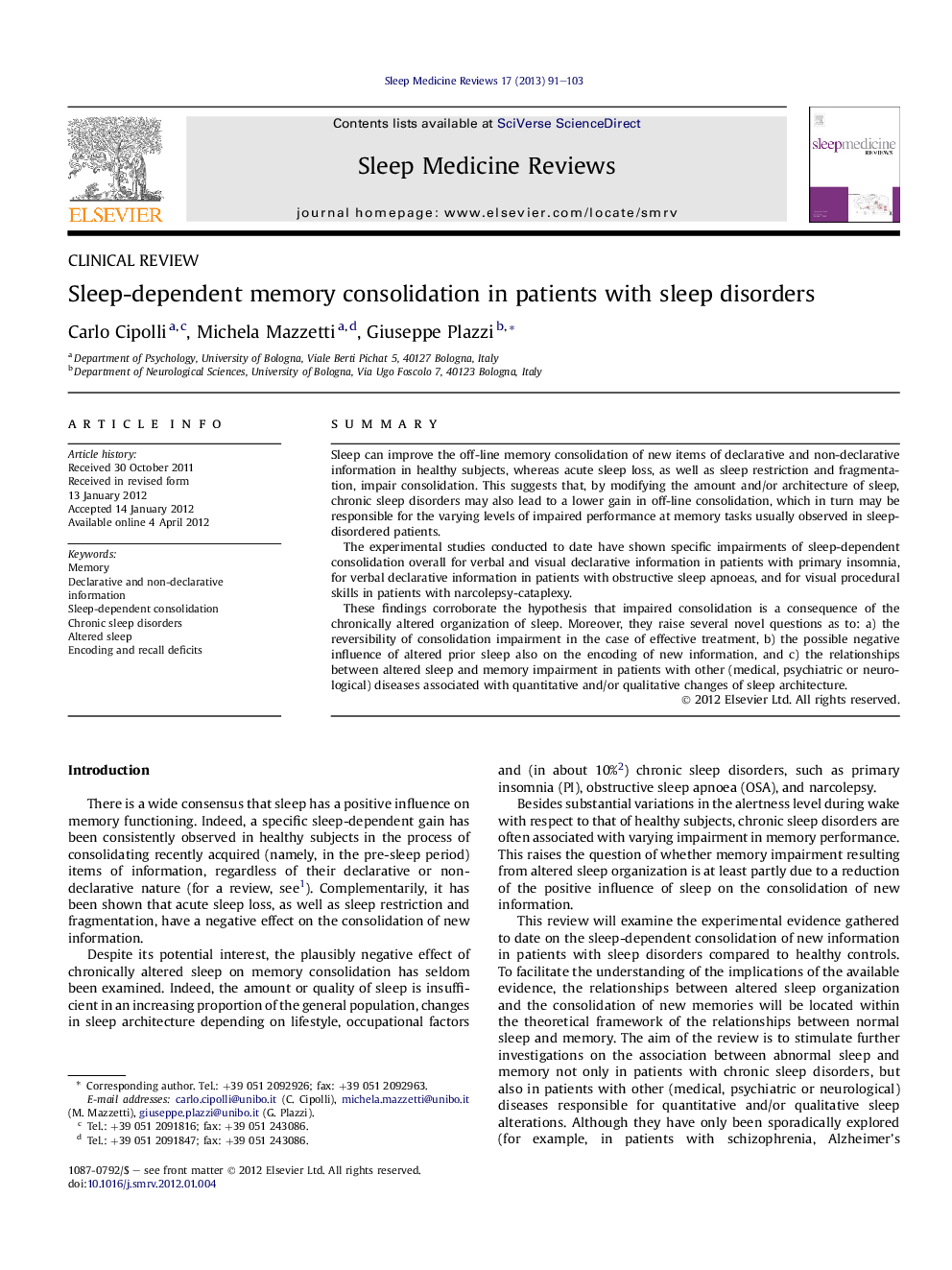 عکس صفحه اول مقاله: Sleep-dependent memory consolidation in patients with sleep disorders Sleep-dependent memory consolidation in patients with sleep disorders