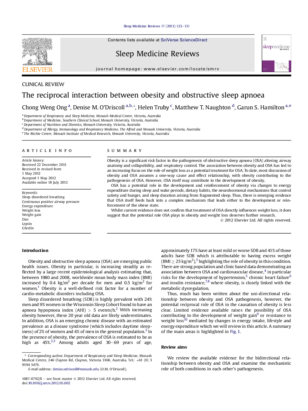 The reciprocal interaction between obesity and obstructive sleep apnoea