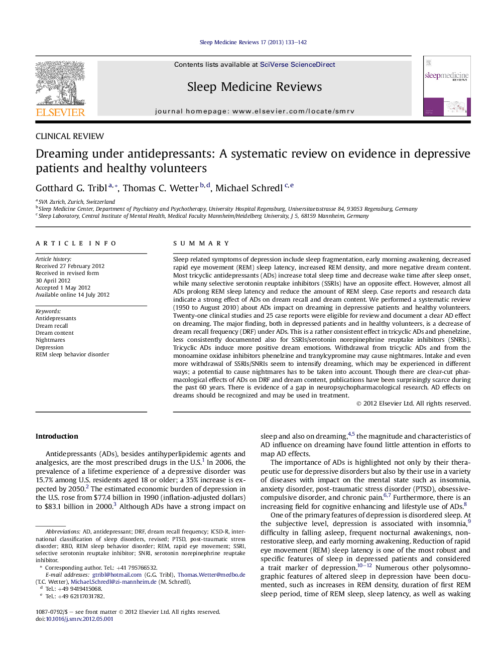 Dreaming under antidepressants: A systematic review on evidence in depressive patients and healthy volunteers