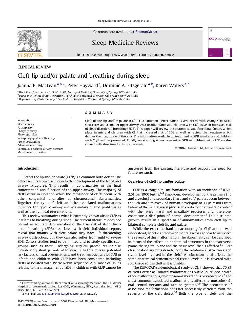 Cleft lip and/or palate and breathing during sleep