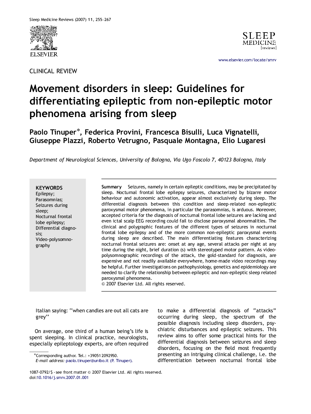 Movement disorders in sleep: Guidelines for differentiating epileptic from non-epileptic motor phenomena arising from sleep