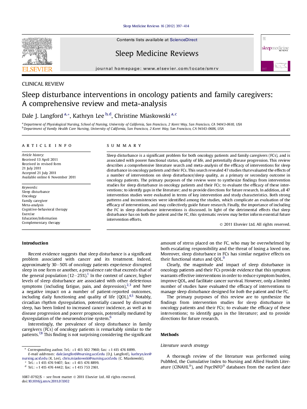 Sleep disturbance interventions in oncology patients and family caregivers: A comprehensive review and meta-analysis