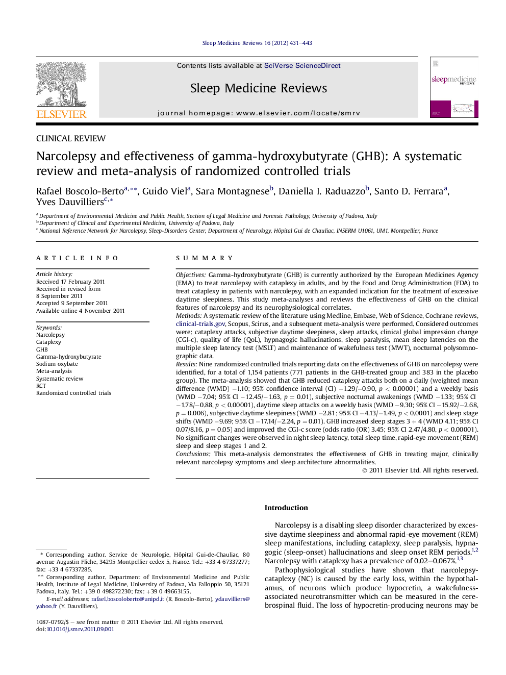 Narcolepsy and effectiveness of gamma-hydroxybutyrate (GHB): A systematic review and meta-analysis of randomized controlled trials