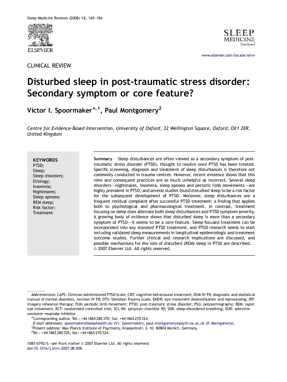 Disturbed sleep in post-traumatic stress disorder: Secondary symptom or core feature?