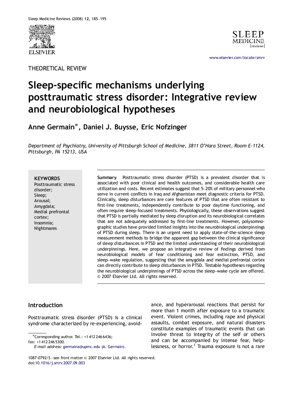 Sleep-specific mechanisms underlying posttraumatic stress disorder: Integrative review and neurobiological hypotheses