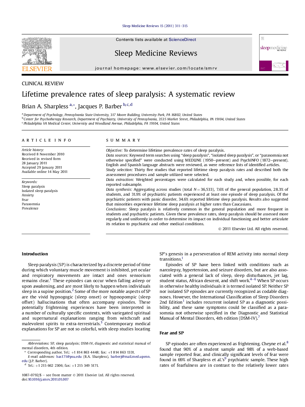 Lifetime prevalence rates of sleep paralysis: A systematic review