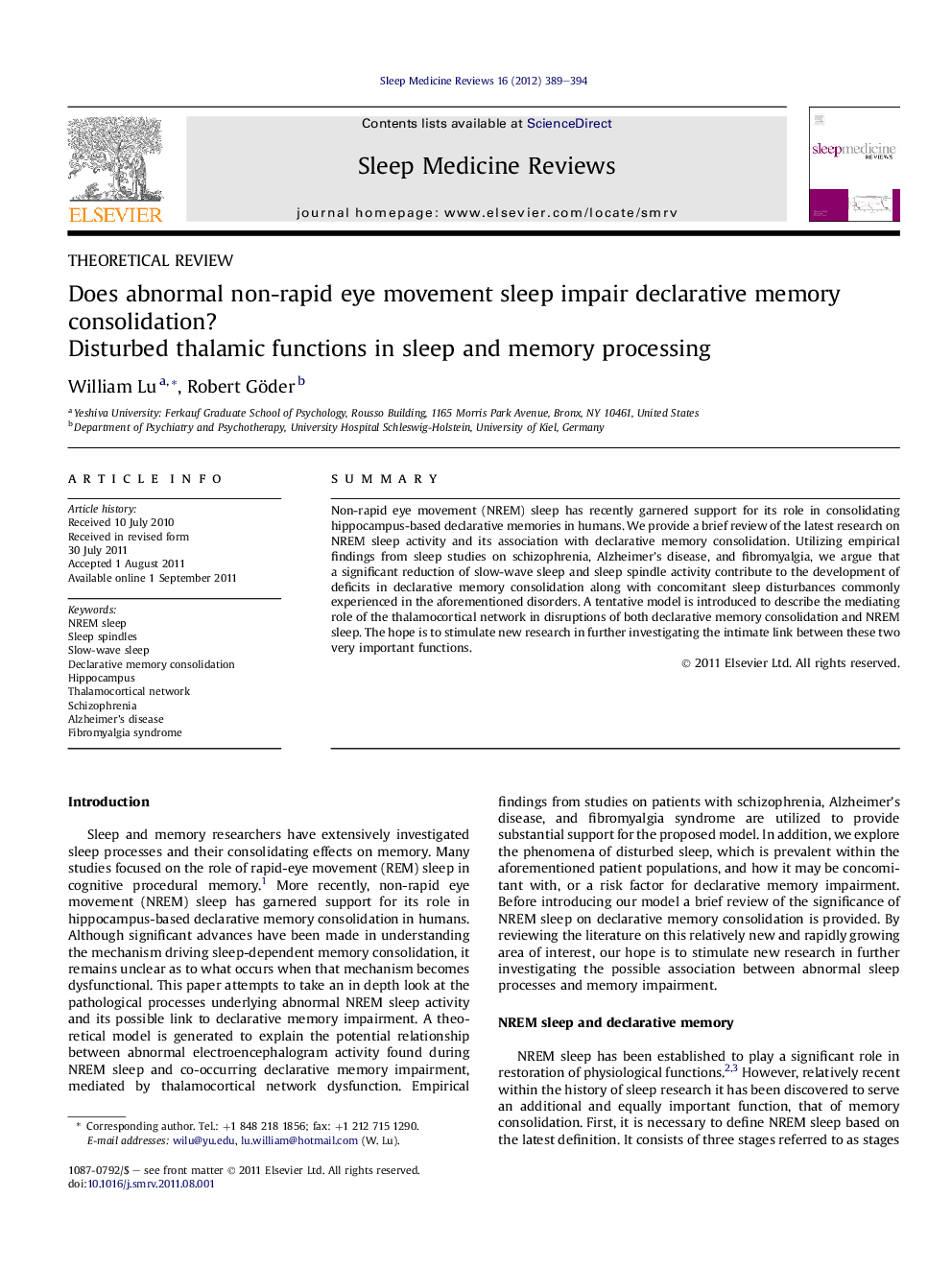 Does abnormal non-rapid eye movement sleep impair declarative memory consolidation?: Disturbed thalamic functions in sleep and memory processing