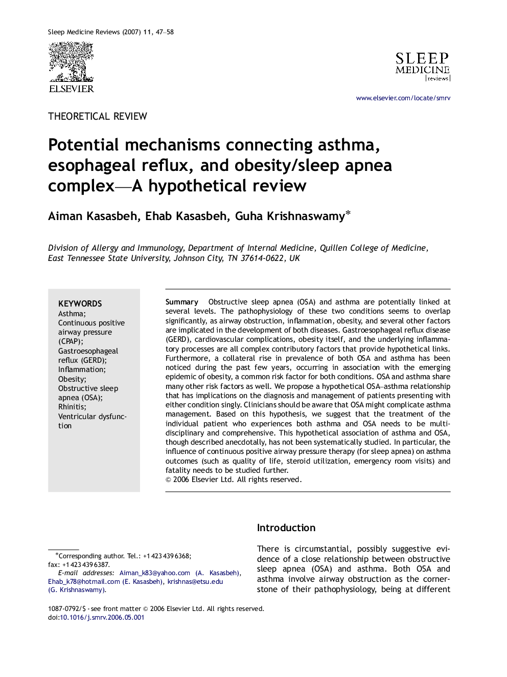 Potential mechanisms connecting asthma, esophageal reflux, and obesity/sleep apnea complex—A hypothetical review