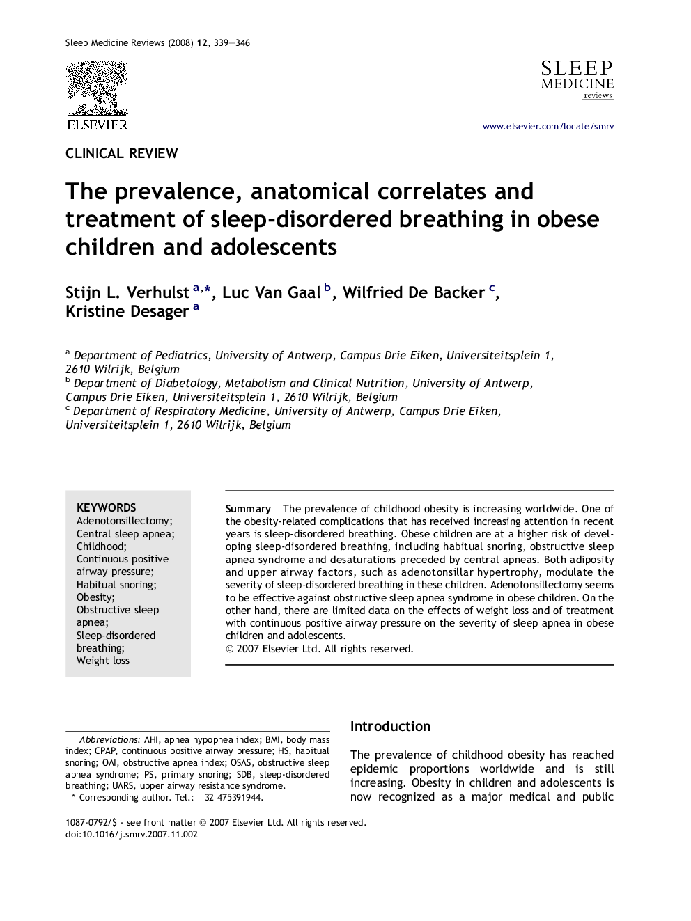 The prevalence, anatomical correlates and treatment of sleep-disordered breathing in obese children and adolescents